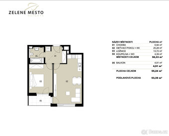 Světlý 2+kk s balkonem (55,24 m²) v 7. NP projektu Zelené Mě