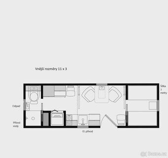 Zánovní Tiny house 11×3 m, stáří 1 rok, původní cena 750k, v