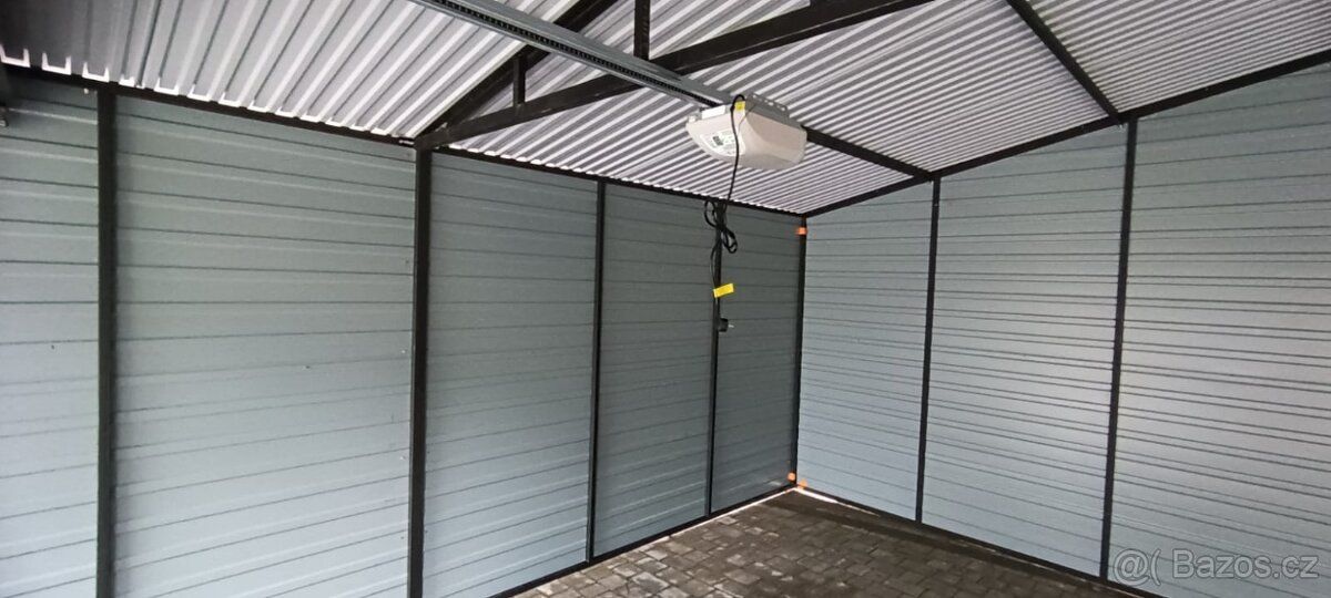 Plechová garáž imitace dřeva 6x6+2m kůlna, zlatý dub multile