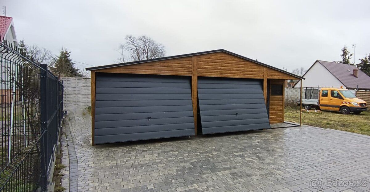 Plechová garáž imitace dřeva 6x6+2m kůlna, zlatý dub multile