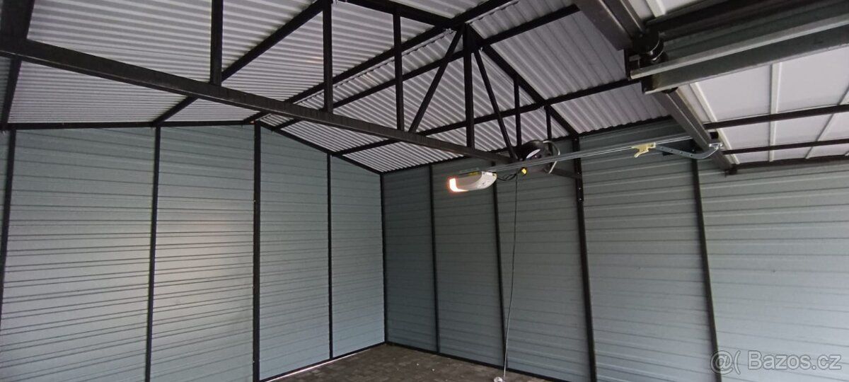 Plechová garáž imitace dřeva 6x6+2m kůlna, zlatý dub multile