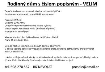 Prodej domu v obci Velim. RK NEVOLAT