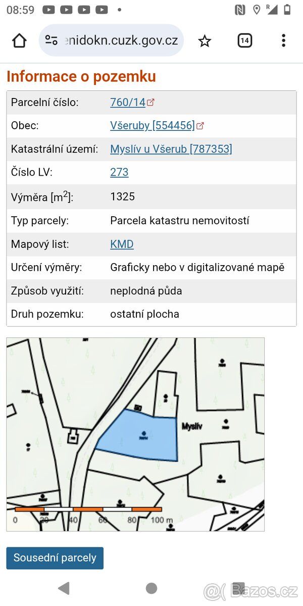Prodám pozemek Myslív u Všerub 760/14, není stavební. K poze