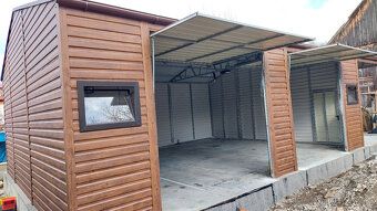 Prodám garáž 12x7 (9x7 + 3x7) stěna 3m a vrchol 4m přístřeše