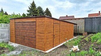 Garáž 5×5 m tmavě hnědá mat/Zlatý dub světlý/Předzahrádka LU