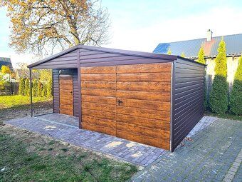 Garáž 5×5 m tmavě hnědá mat/Zlatý dub světlý/Předzahrádka LU