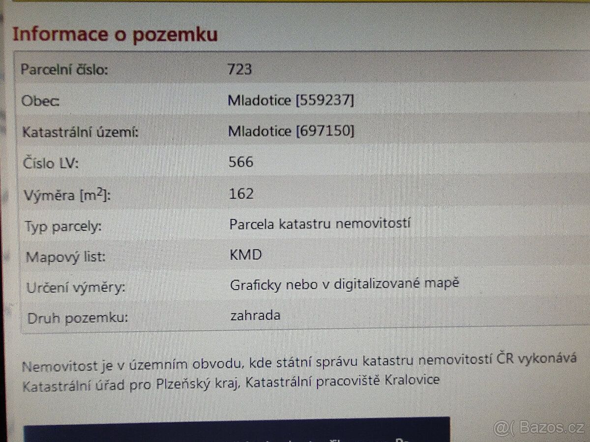 Prodám pozemek- zahradu v katastru obce Mladotice okr Plzeň-