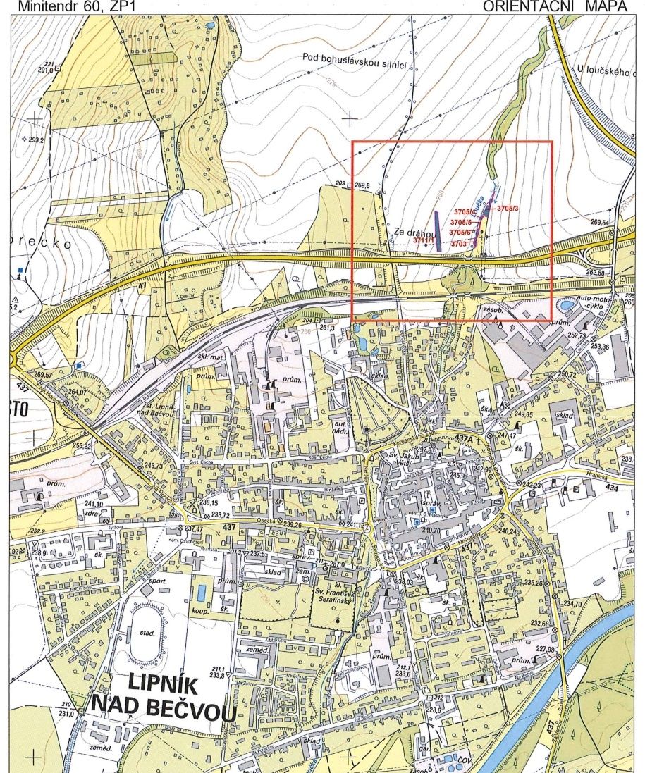 Prodám, pronajmu 1040 m2 pozemků 3705/3/4/5/6, 3703, Lipník 