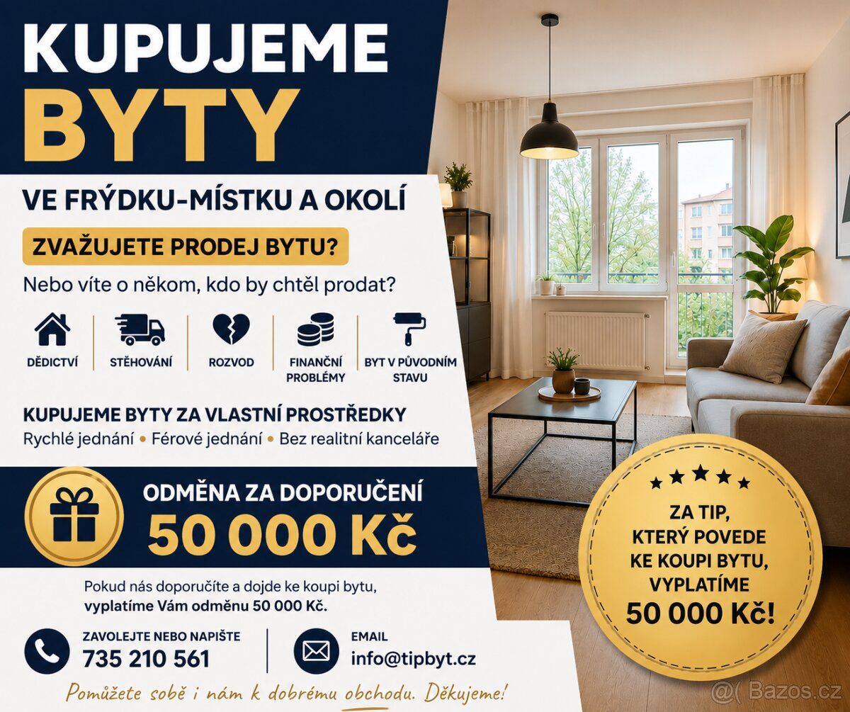 💰 ODMĚNA 50 000 Kč ZA TIP NA PRODEJ BYTU
Zvažujete prodej by