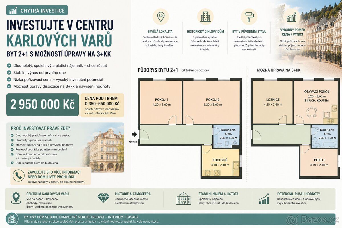 Nabízíme byt 2+1, 66m ve třetím patře bez výtahu v původním 