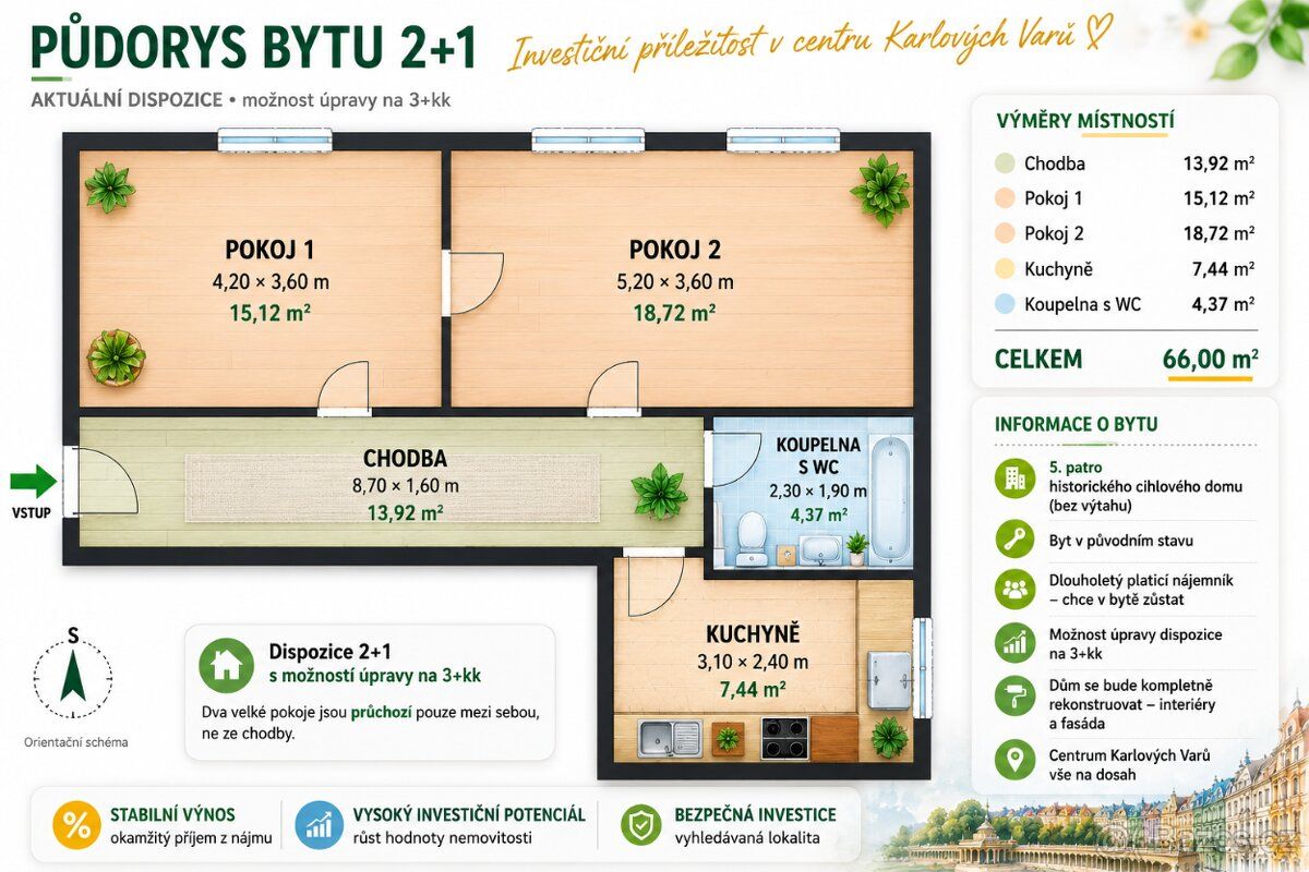 Nabízíme byt 2+1, 66m ve třetím patře bez výtahu v původním 