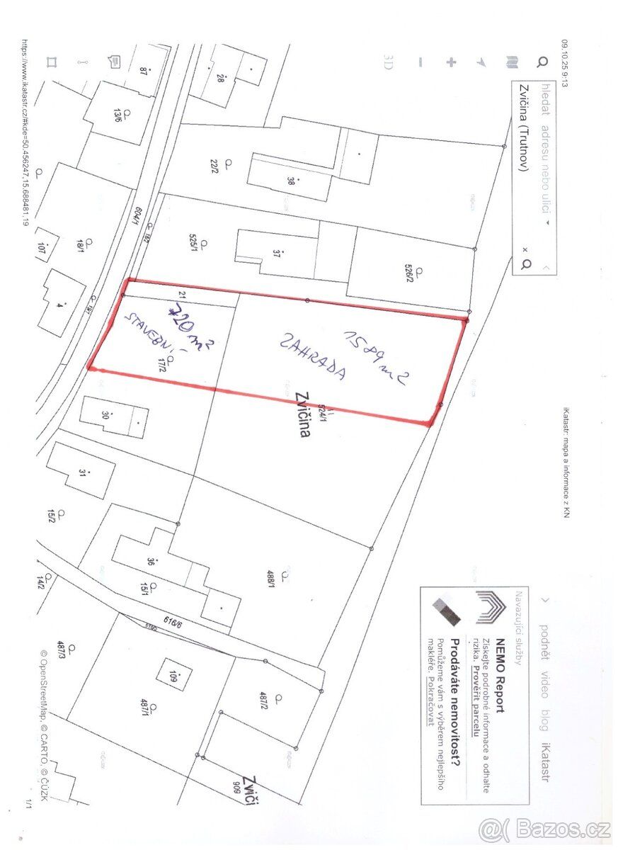 Prodám stavební pozemek z toho 720m2 stavební a 1589m2 zahra