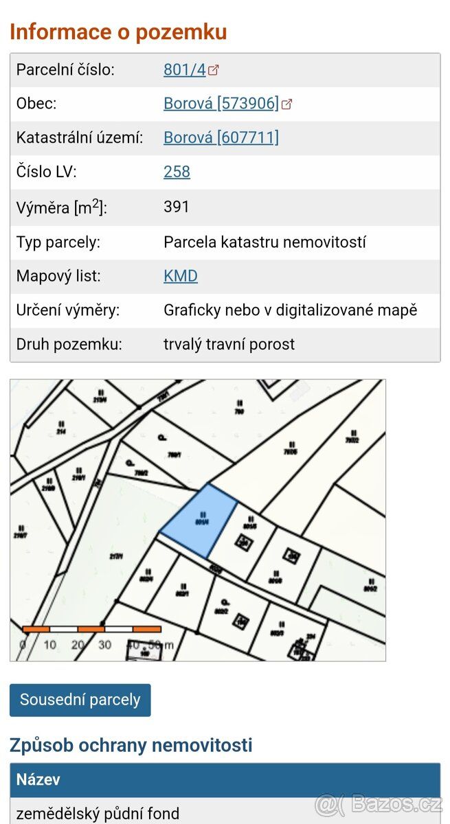 Prodám klidný pozemek 391m² a 203m² na polosamotě na úplném 