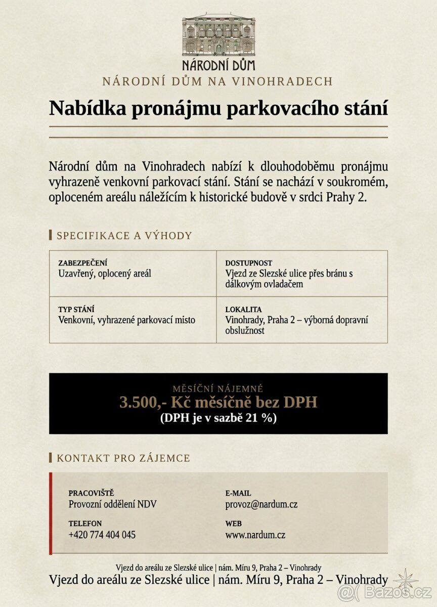 Národní dům na Vinohradech nabízí k dlouhodoběmu pronájmu vy