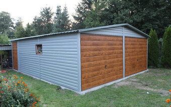 Garáž 6x7 stříbrné barvy, vrata zlatý dub Sedlová střecha po