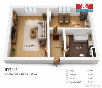 Nabízíme k pronájmu byt 1+1 o užitné ploše 37 m², který se n