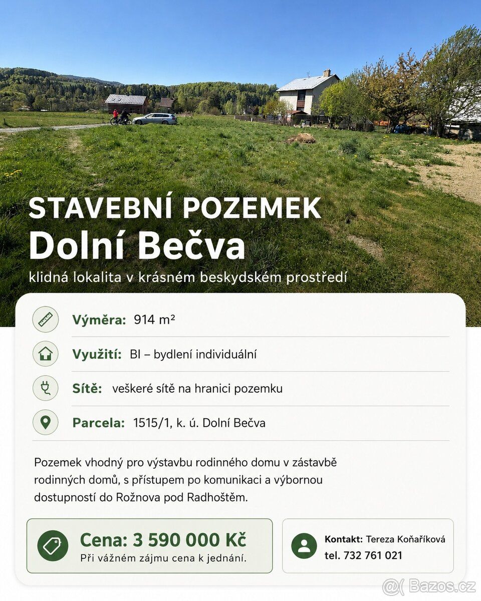Nabízíme k prodeji krásný stavební pozemek v obci Dolní Bečv