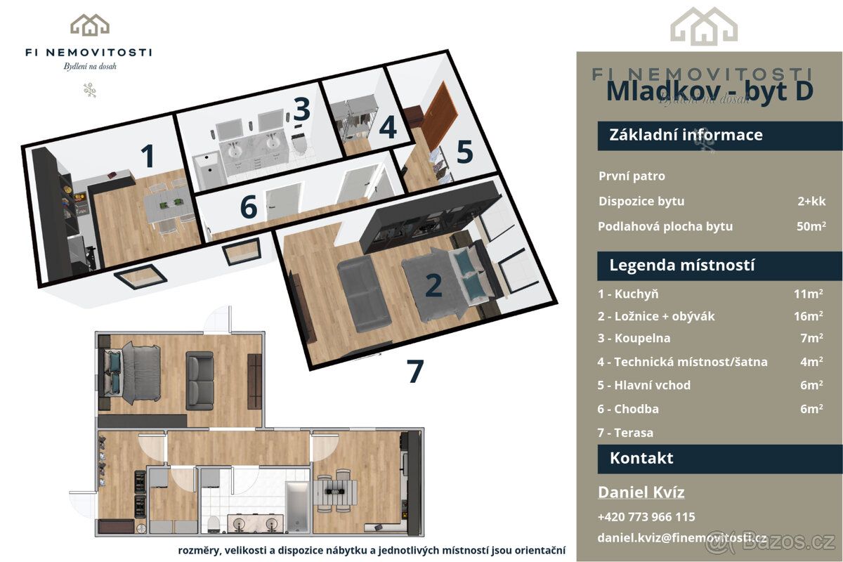 Byt D představuje efektivně řešenou jednotku 2+kk v přízemí 