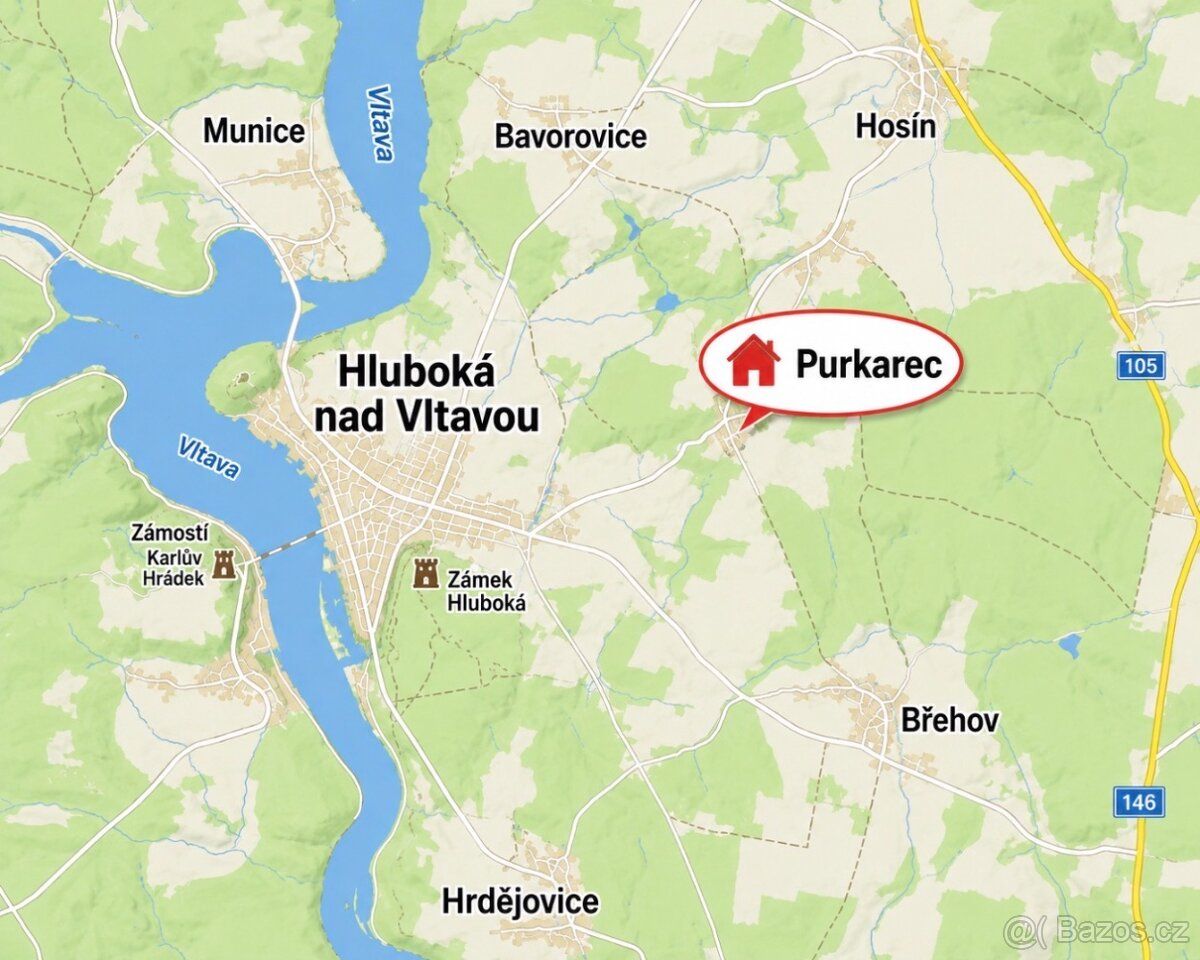 Prodám stavební pozemek v Purkarci , 11 km od Hluboké nad Vl