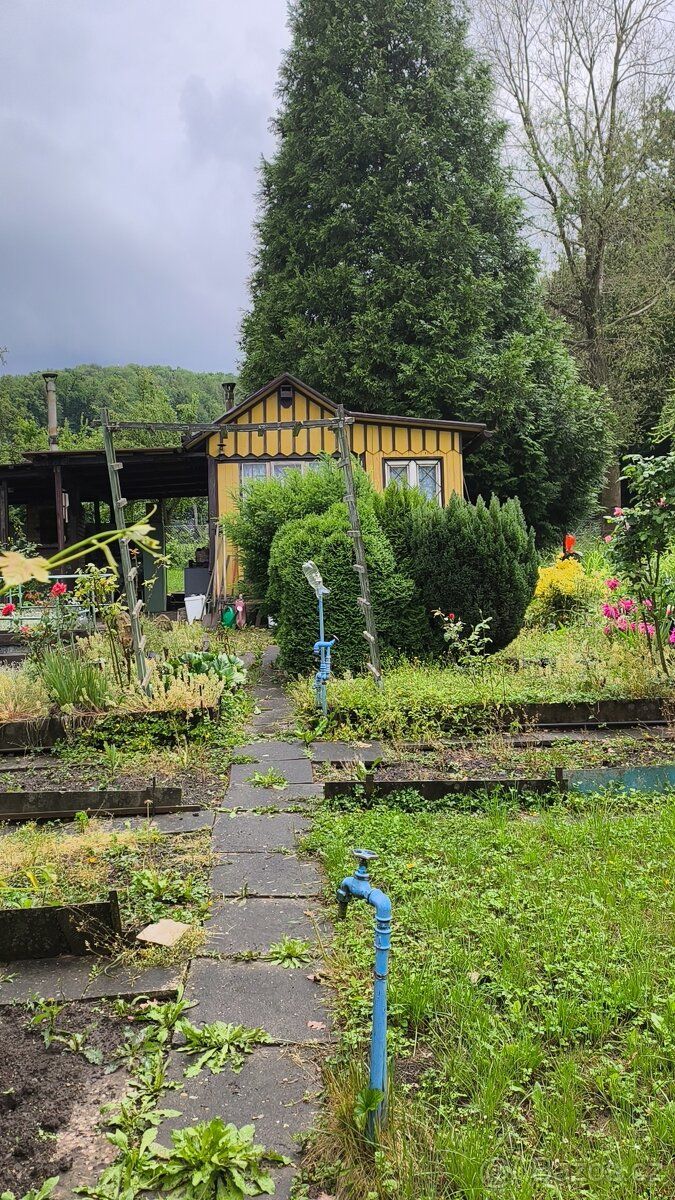Zahrádka 300 m² nad Děčínem – chatka s elektřinou, pergola, 