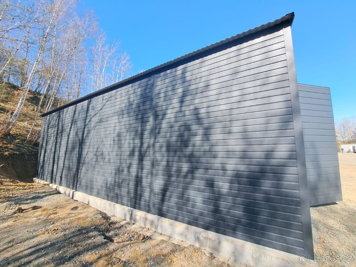 Prodám novou kvalitně provedenou plechovou halu 8x12m, boční