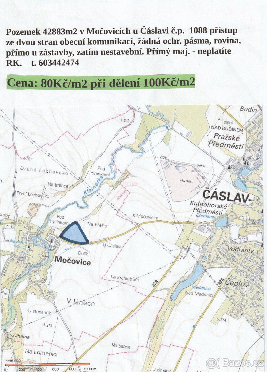 Pozemek 42883m2 v Močovicích u Čáslavi, přístup ze dvou stra