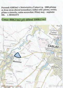 Pozemek 42883m2 v Močovicích u Čáslavi, přístup ze dvou stra