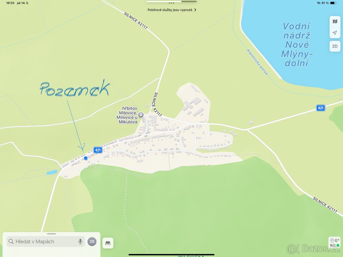 Na prodej stavební pozemek 760 m² v Milovicích u Mikulova – 