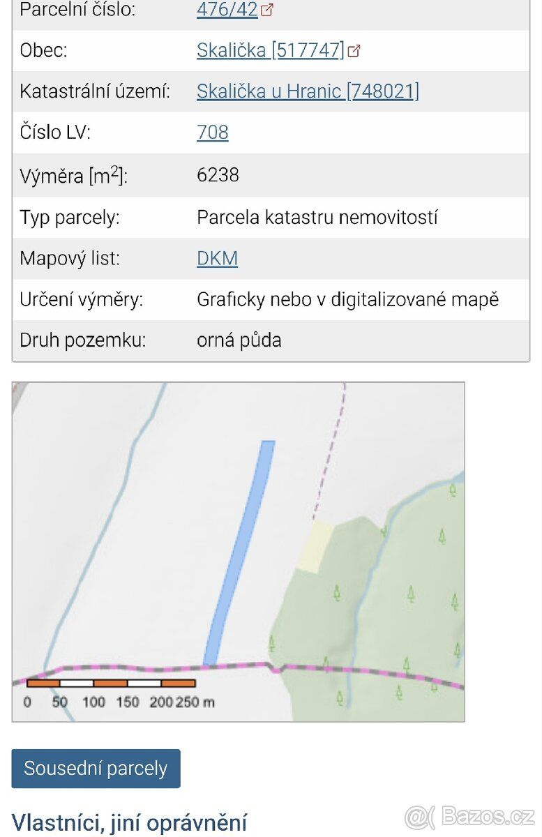 Prodám ornou půdu ve Skaličce u Hranic. 6238m blízko zastavě