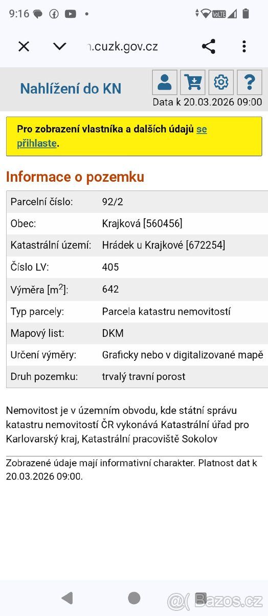 Prodám pozemek v ku Hrádek u Krajkové