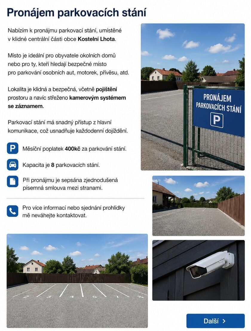 Pronájem parkovacích stání v Kostelní Lhotě.
Bezpečné parkov