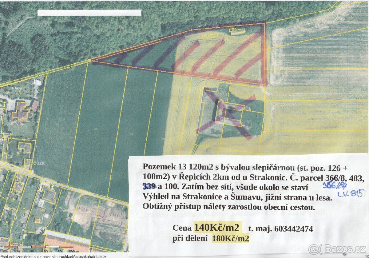 Pozemek 13120m2 z toho 226m2 stavebních v Řepici 2km od Stra