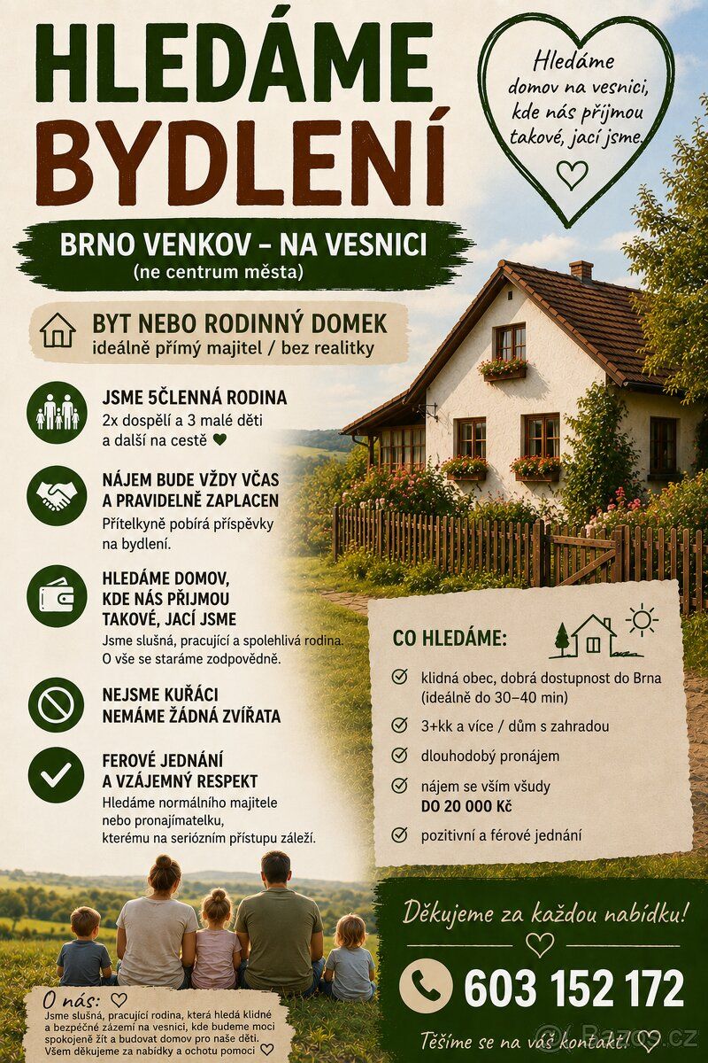 Hledáme dlouhodobý pronájem bytu nebo rodinného domu na vesn