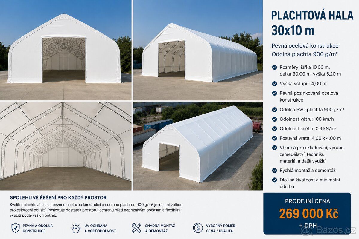 Plachtová hala 30 × 10 m – NOVÁ | PVC plachta 900 g/m² | 269