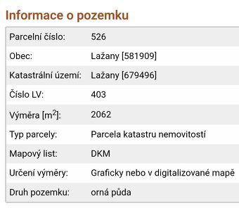 Prodám pozemek 2062m2 v katastru obce Lazany u Brna. Pozemek