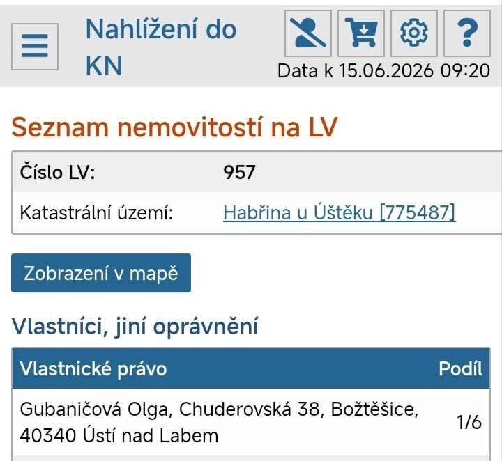 Nabízím 1/6 podílu na pozemku. Vše na foto. Cena 50Kč/m²