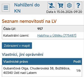 Nabízím 1/6 podílu na pozemku. Vše na foto. Cena 50Kč/m²
