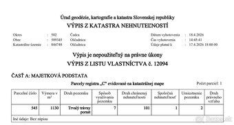 Predám parcelu registra C 545 - 1130m2 TTP
Parcela je v blíz
