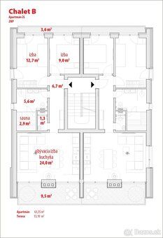 APARTMÁN B2 (2. NP) Apartmán má hlavnú obývaciu miestnosť s 