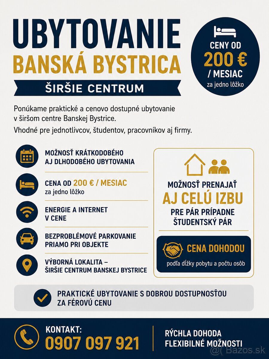 Ponúkam ubytovanie v Banskej Bystrici širšie centrum. K disp