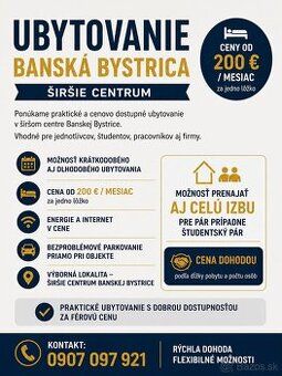 Ponúkam ubytovanie v Banskej Bystrici širšie centrum. K disp
