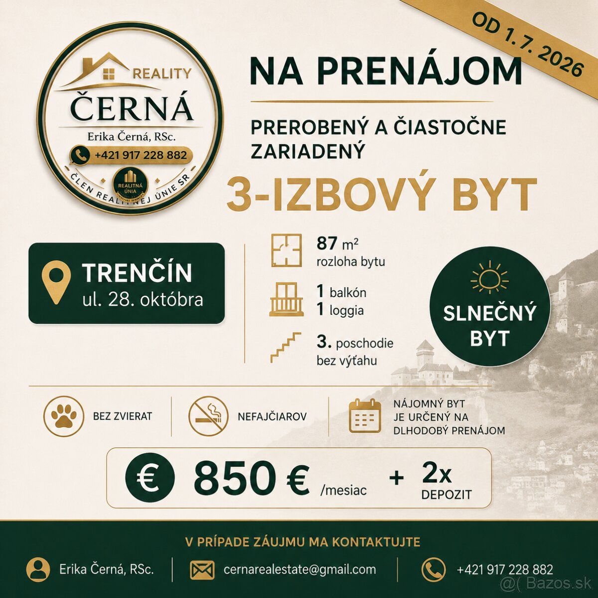 Na prenájom od 1.7.2026 prerobený a čiastočne zariadený slne