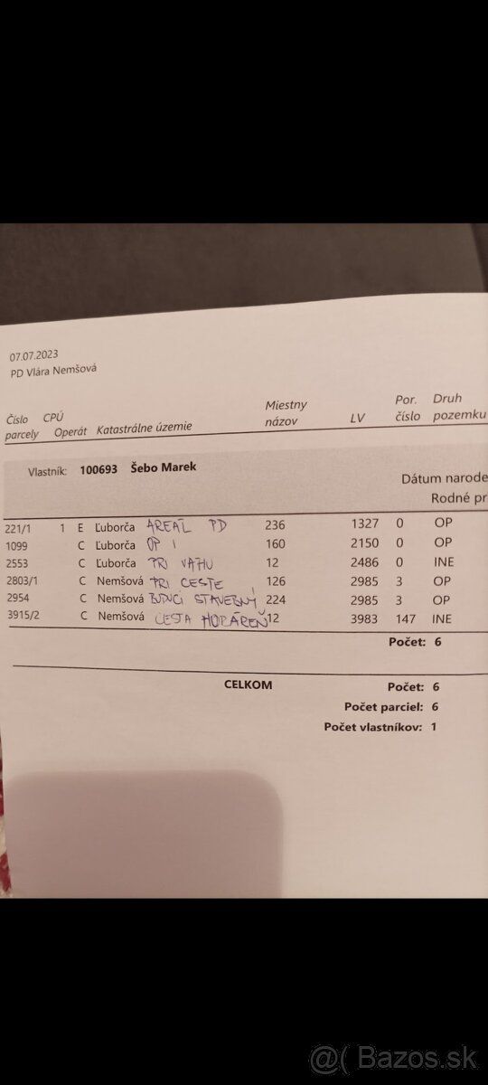 Prodám pozemky podle fotografie. Nutno najít v katastru SK. 