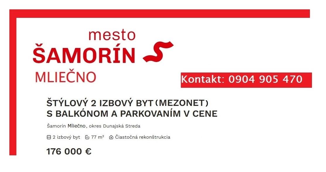 Na PREDAJ: - v Šamoríne, Mliečno - 2 izbový klimatizovaný by
