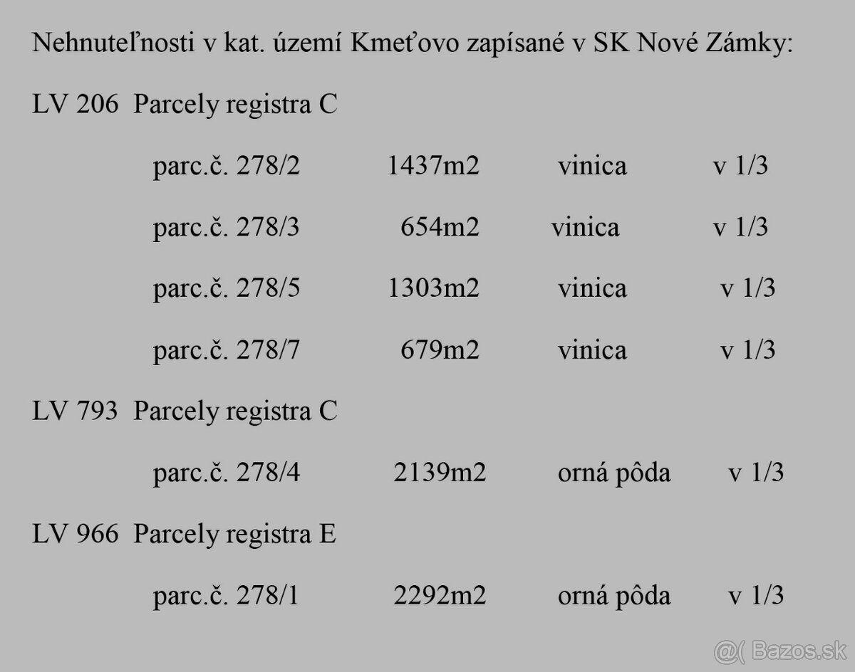 Predam 1/3 podiel na viniciach aj ornej pode v obci Kmetovo.