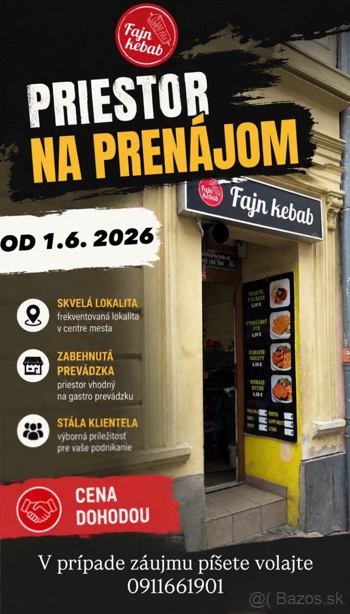 Ponúkame do prenájmu, priestor na rýchle občerstvenie.
