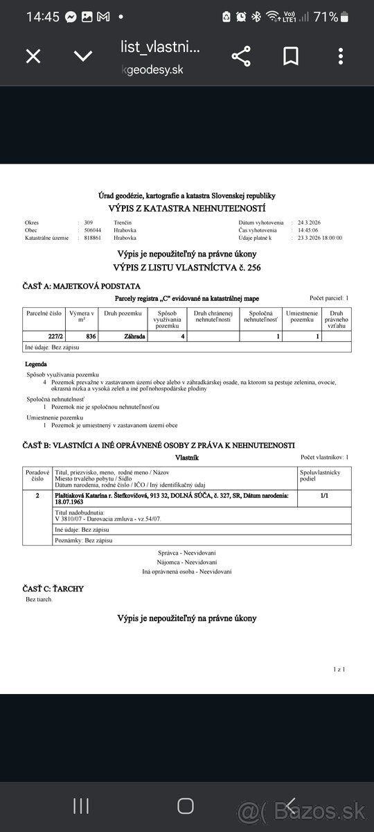 Ponúkam na predaj pozemok v katastrálnom území Hrabovka, evi