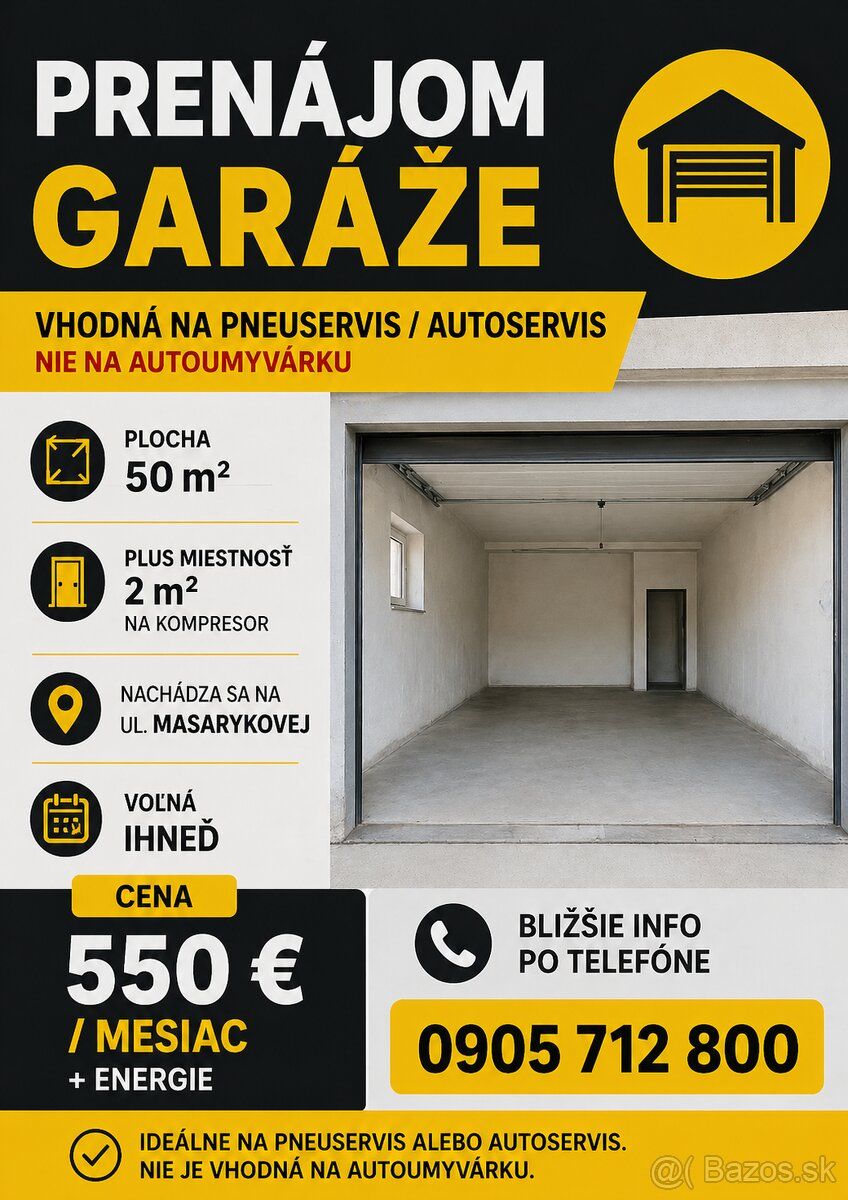 PRENÁJOM GARÁŽE / DIELNE – MASARYKOVA ULICA, MICHALOVCE Ponú