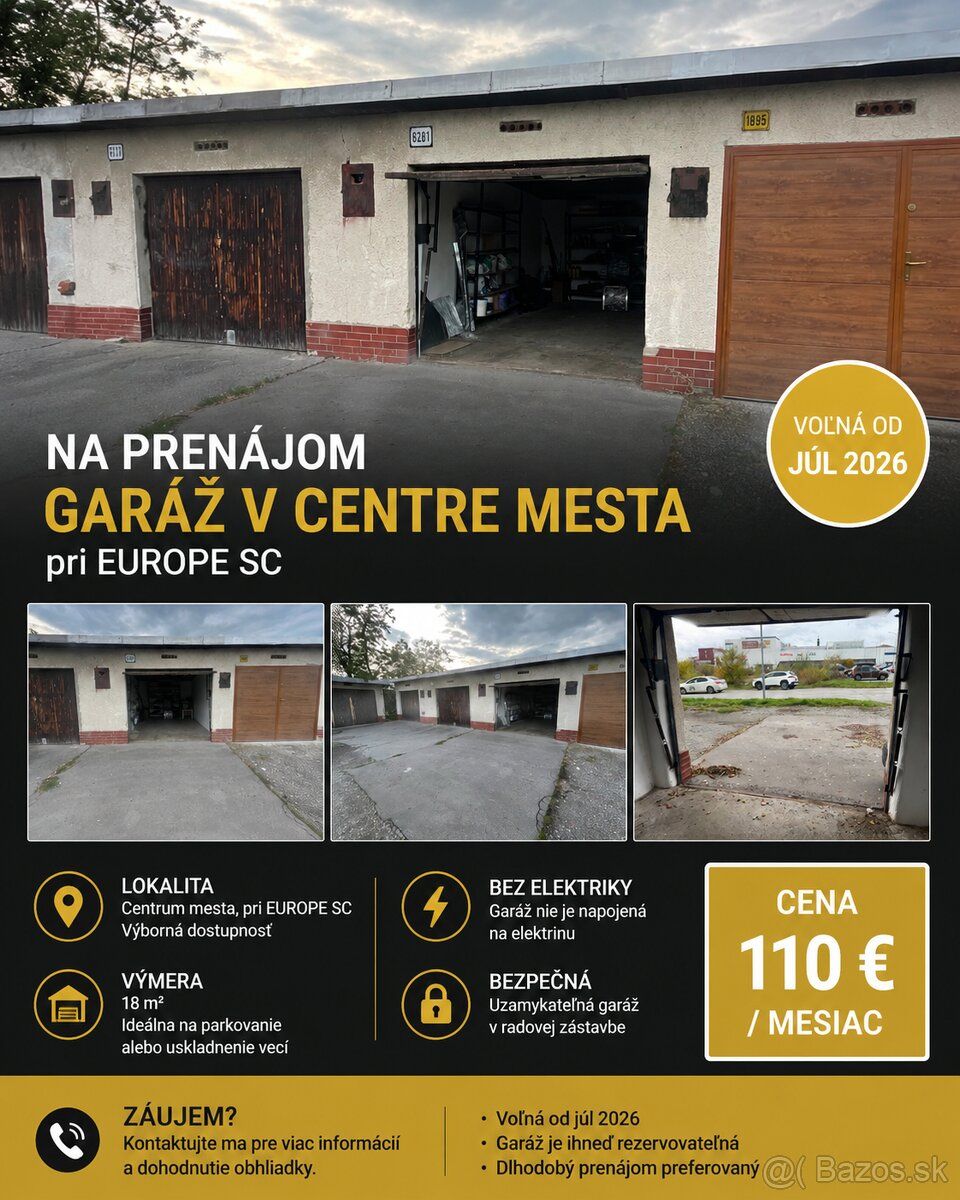 Dám do dlhodobého prenájmu veľkú suchú murovanú garáž v cent