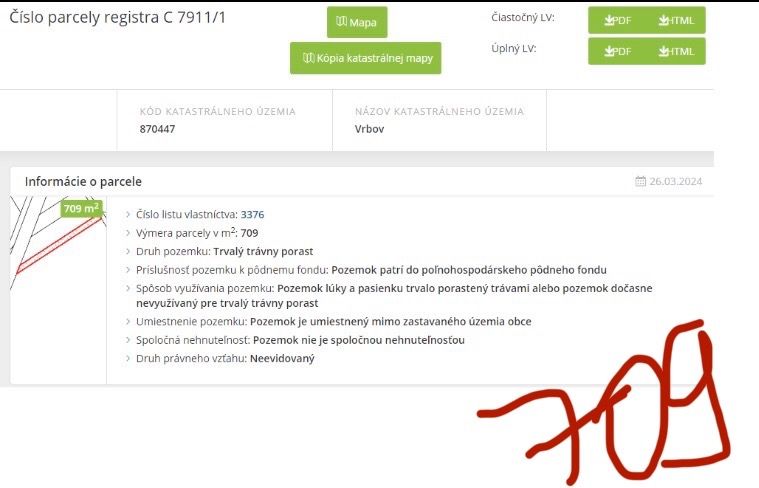 pozemok Vrbov, Trvaly trávny porast 709m2
rozmery cca 6x118m